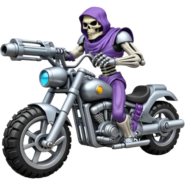  skull-headed tank mech motorcycle with four mechanical arms with guns, skeletor , tank tread lower body, aggressive expression, shiny metal with minimal color accents, preserve all proportions, pose, and details emoji