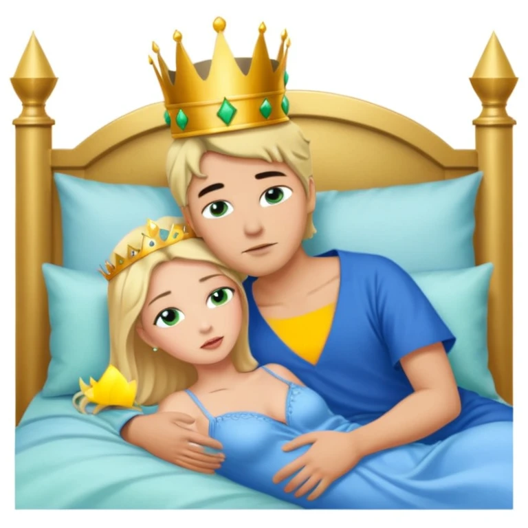 Blonde Queen with crown, Green eyes, naked, kissing man, naked, without crown, black hair, blue eyes, whole Body, Background sleeping room  emoji