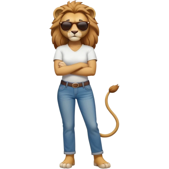 friendly anthropomorphised female lion character, full body, standing confidently with legs shoulder width apart and arms folded, wearing jeans, a white t-shirt, and dark sunglasses, with a determined expression emoji