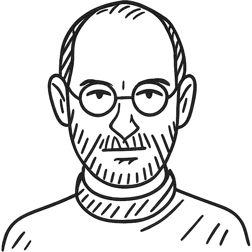 hand drawn outline icon of Steve Jobs, turtleneck, glasses emoji