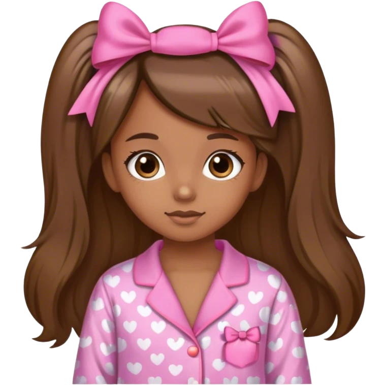 Cute curly with highlights and long hair brown skinned girls in pink bow pijamas emoji