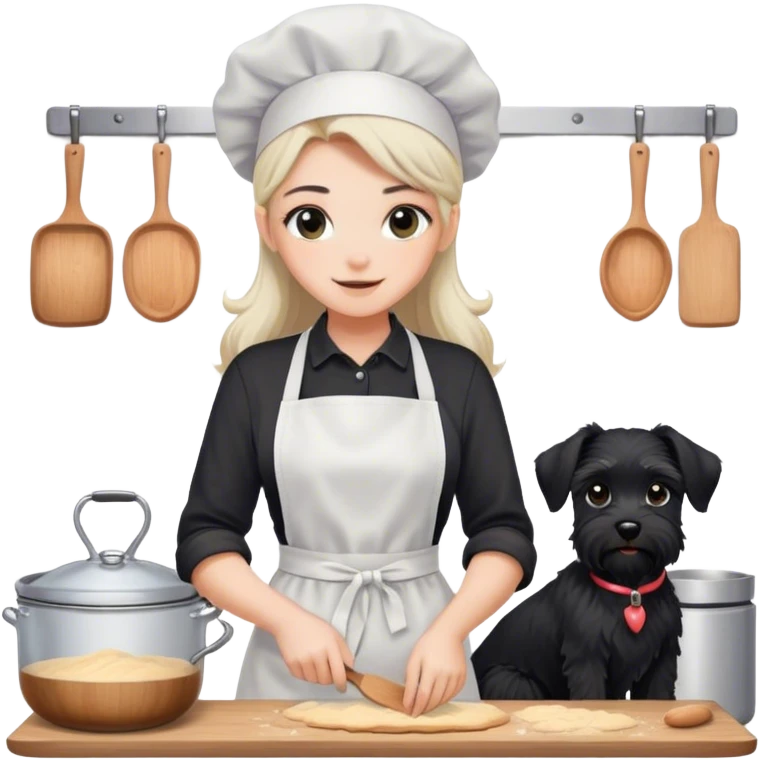 pale smiling girl baking with long back hair wearing black long shirt wearing apron holding black  schnauzer emoji