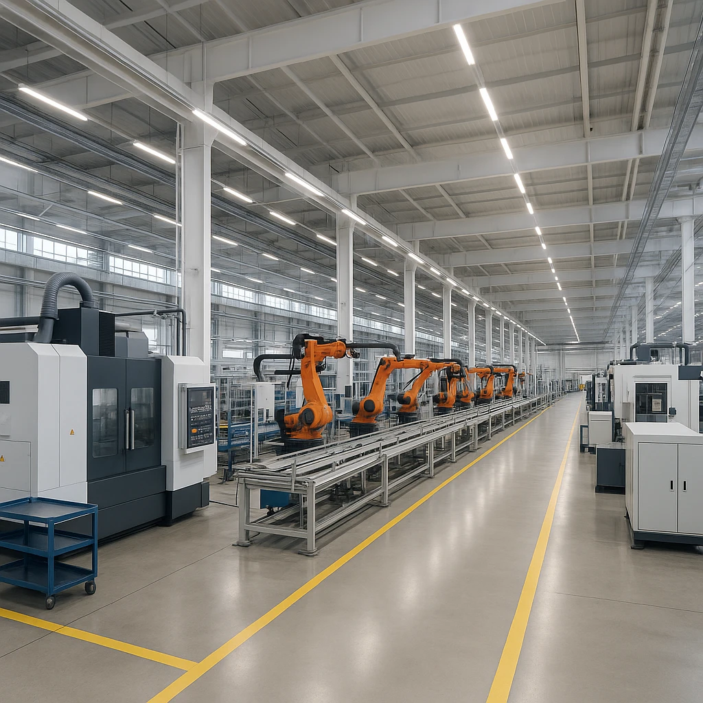 a modern manufacturing factory interior with large machinery and assembly lines, clean and organized industrial environment, suitable for branding emoji