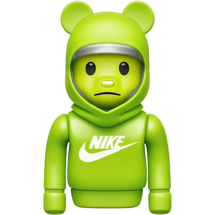 bearbrick toy wearing a lime green balaclava with a Nike swoosh logo emoji
