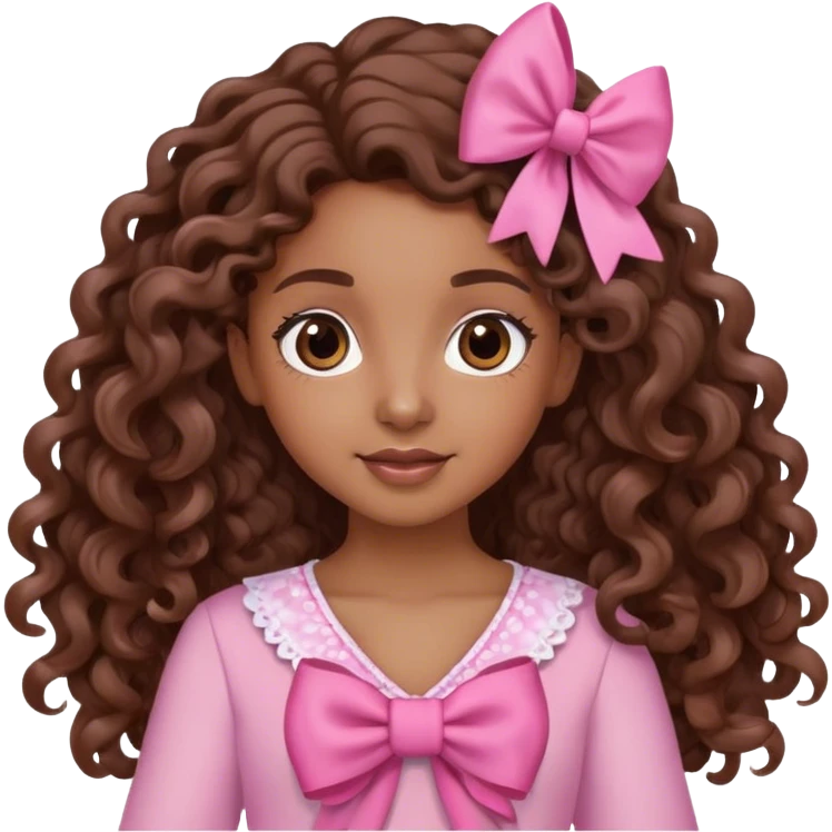 brown girl with long brown curly hair with bows in her hair waving wearing pink emoji