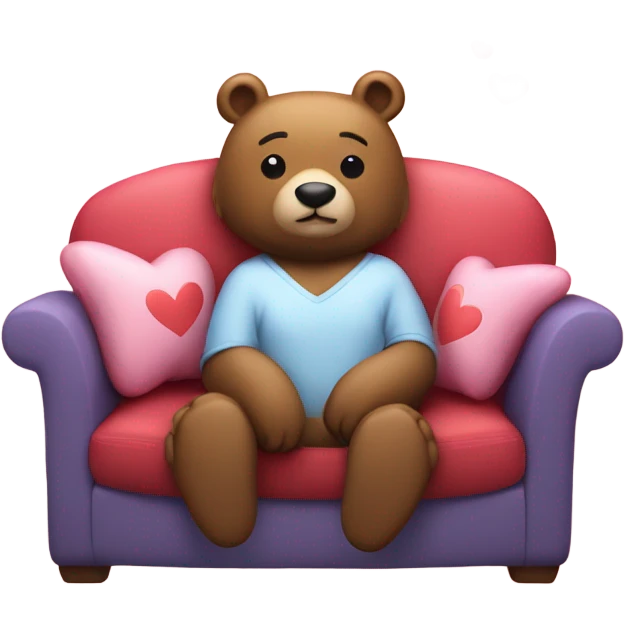 Bear on couch thinking about a bunny and hearts emoji