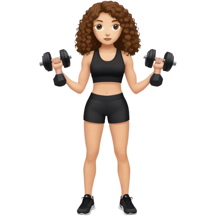 white woman with long brown curly hair in black top and shorts holding dumbbell emoji