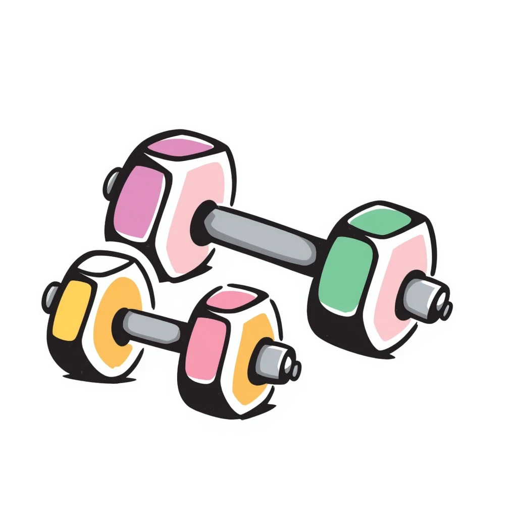 A set of fitness dumbbells with hexagonal ends in pastel colors (dd9fb0, ffc6d3, a3bfc9, c4bee2, f1b091), hand-drawn doodle style emoji