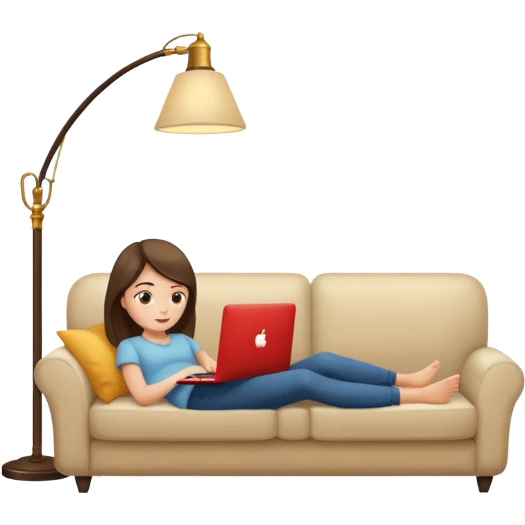 A girl is working with a laptop while lying on a sofa, with a floor lamp to the right. emoji