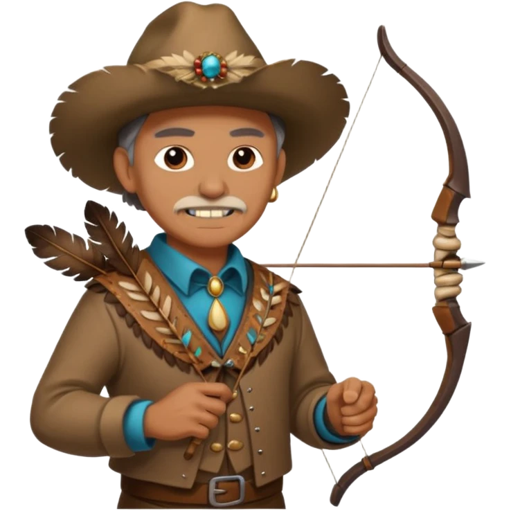 The classic image of a middle-aged uncle hunter carrying a bow, dressed in brown clothes, with some ornaments made of feathers, bones or teeth on his body. emoji