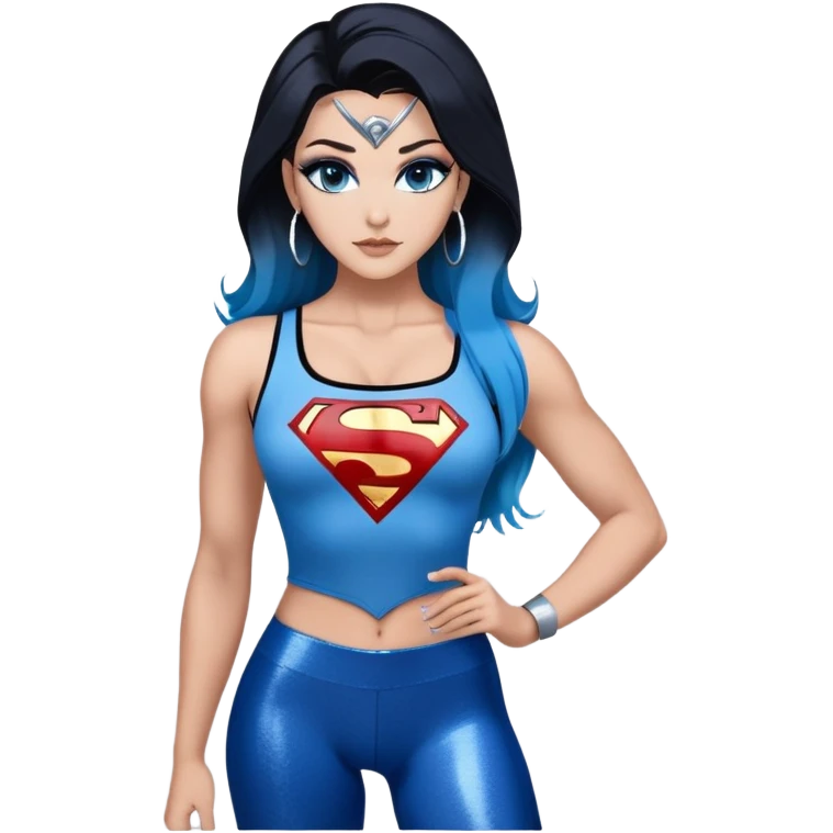 Full body with long legs-very very large chest clevage-beautiful face-black leggings-very long very straight dark blue to light blue ombre hair-and-blue eyes-a lot of black eyeliner-thick long eyelashes-sky blue low cut tanktop with glitter superman logo-silver hoop earrings emoji