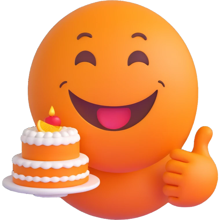 3D smiley emoji, round shape, grandmother with cake, orange color, smiling face emoji