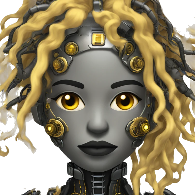 black metal female cyborg head with circuitry and yellow gold curly hair emoji