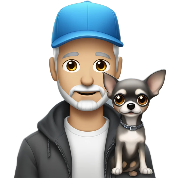 Handsome blue eyed man, with grey hair,  and grey goatee beard, wearing ball cap, holding ‘a black long hair chihuahua’ emoji