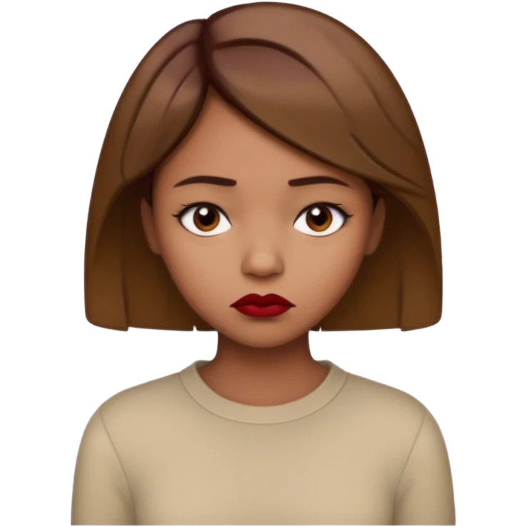 a brown girl with short light brown hair wearing a beige full sleeve and looking sad. dark red lip emoji