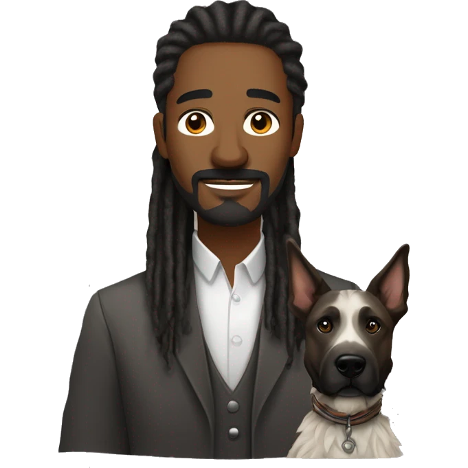 man with dreadlocks, mustache and goatee alongside a brindle colored dutch shepherd dog emoji
