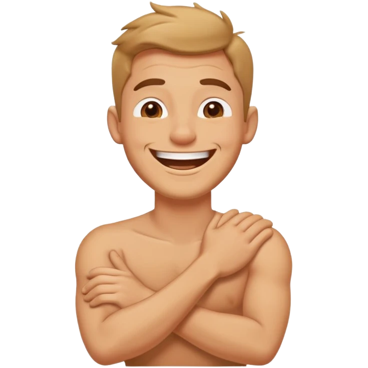 Arms crossed, holding neck, laughing guy emoji