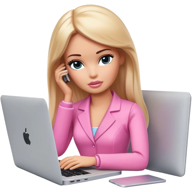 a tired barbie works in front of macbook emoji