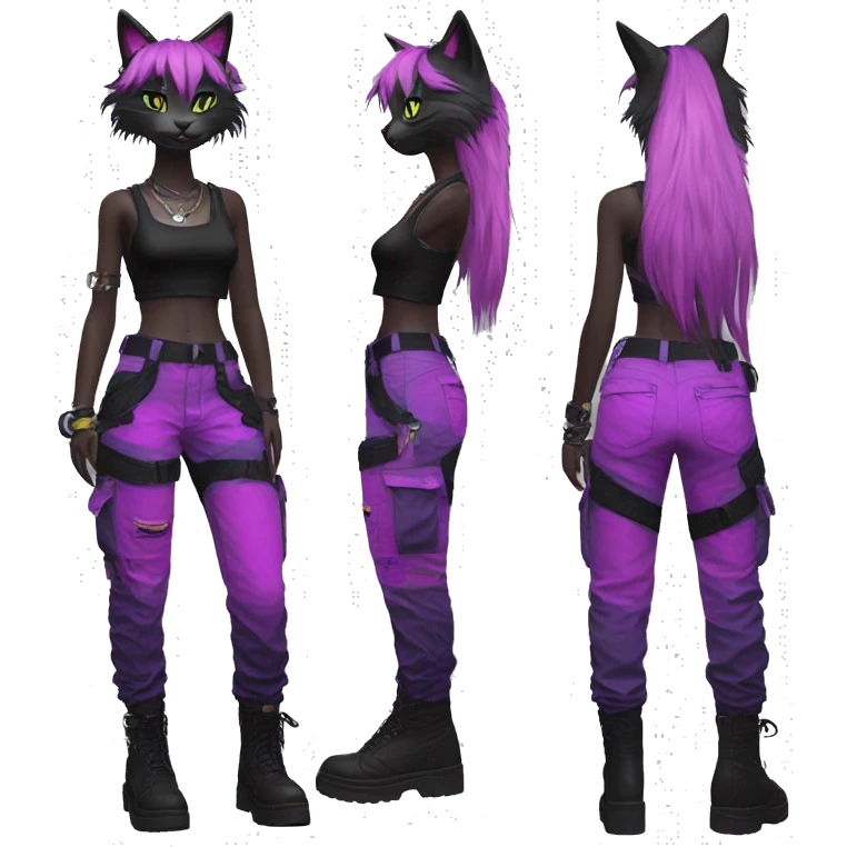 Edgy Anthro cool pretty colorful dark cat-fursona techwear cargo pants crop top emoji