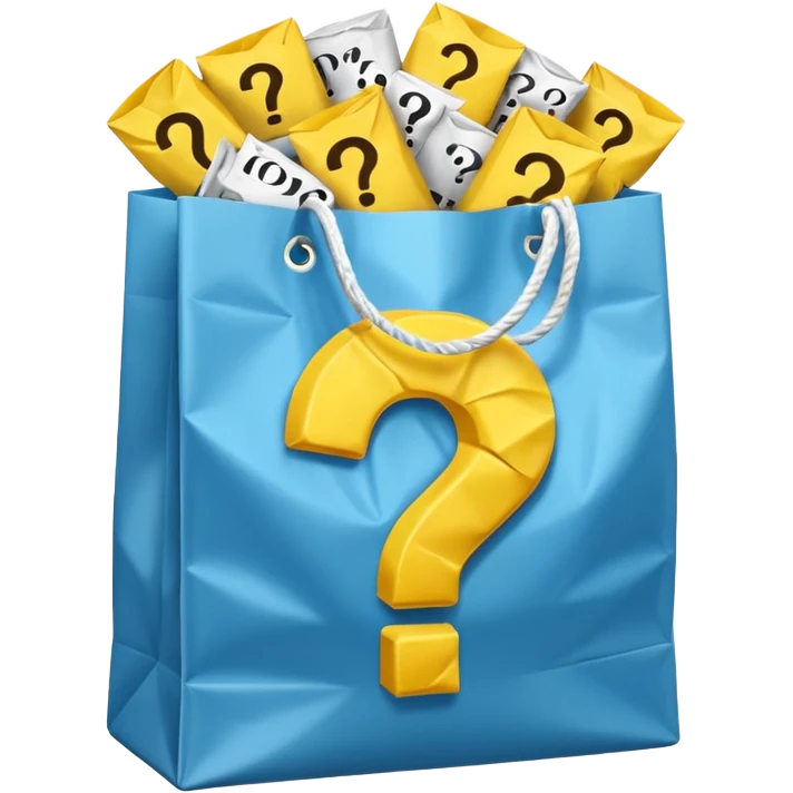 white goodiebag with yellow questions mark boxes stuffed in it emoji