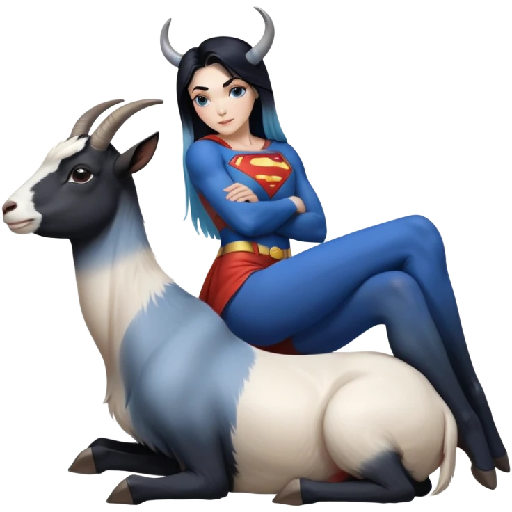 Art of a human white woman's perfect body scheme anatomy-very long and straight black to blue hair ombre with tiny goat antlers-leanimg back-on knees-superman to her right  emoji