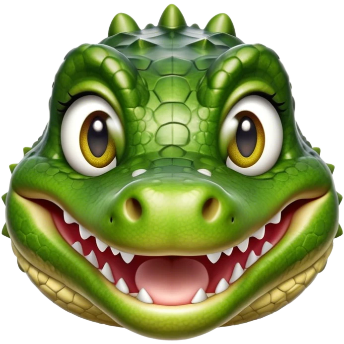 Cinematic Realistic Cute Crocodile Portrait Emoji, Head tilted playfully and inquisitively, featuring a robust, well-defined build with intricately detailed, glossy olive-green scales and a surprisingly endearing face with round, sparkling eyes full of unexpected charm, rendered with lifelike texture and natural highlights, high shine, affectionate and spirited, styled with a touch of wild whimsy, soft glowing outline, capturing the essence of a mischievous yet lovable crocodile that seems poised to snap playfully out of the screen into your arms! emoji