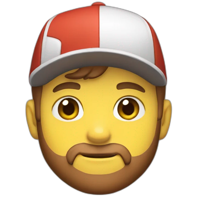 white man with brown hair and beard and a red cap, holding and a pikachu pokemon emoji