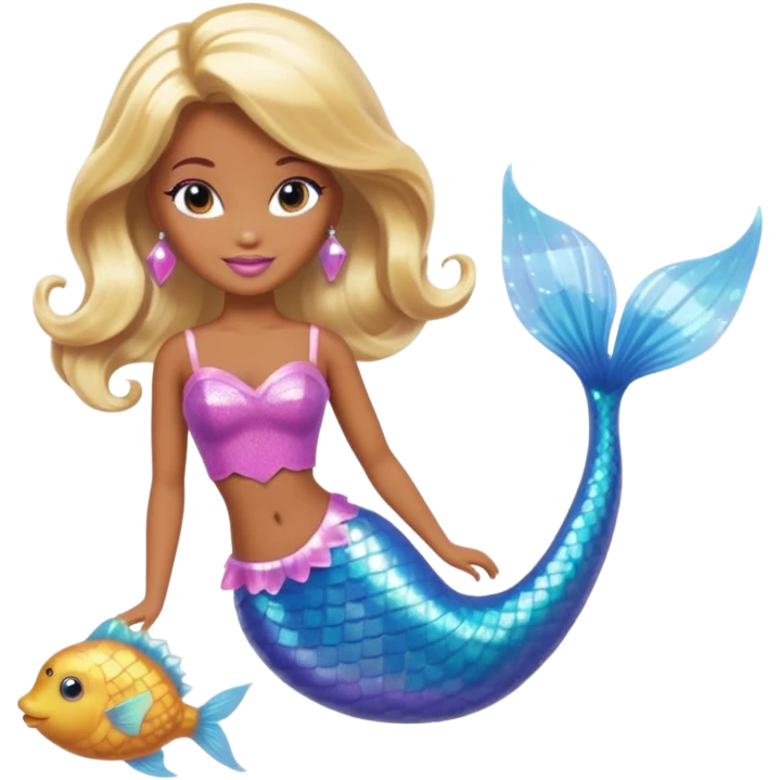 Brown skin blonde hair barbie mermaid with holographic tail  with pufferfish emoji