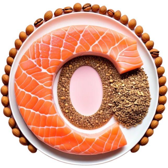 Floating arrangement of omega-3 rich foods: fresh salmon fillets, walnuts, flaxseeds, chia seeds and golden omega-3 capsules, all emitting a soft golden glow. The foods orbit around a central shimmering omega symbol, with gentle flowing energy connecting them. emoji
