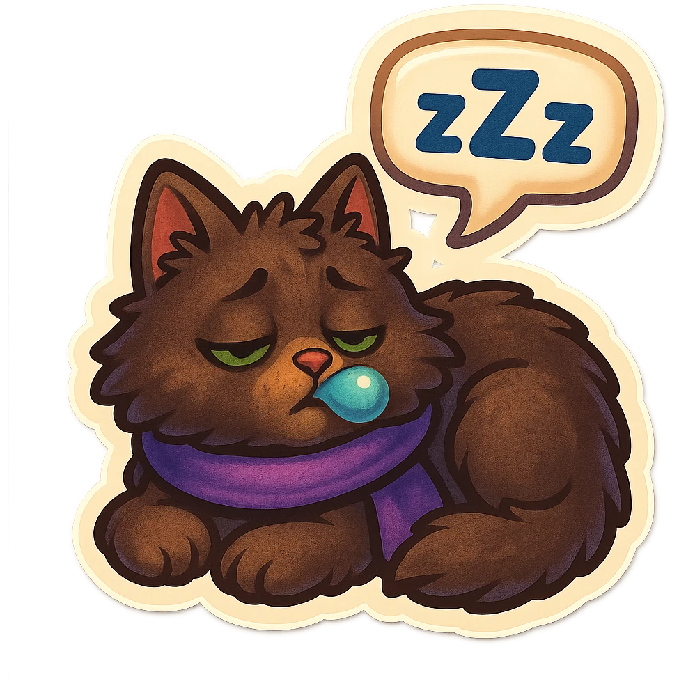 Fluffy cute sleepy dopey tired exhausted dark-brown cat with green eyes and a purple scarf saying ‘zZz’ with a snoring nose bubble (with a speech bubble) emoji