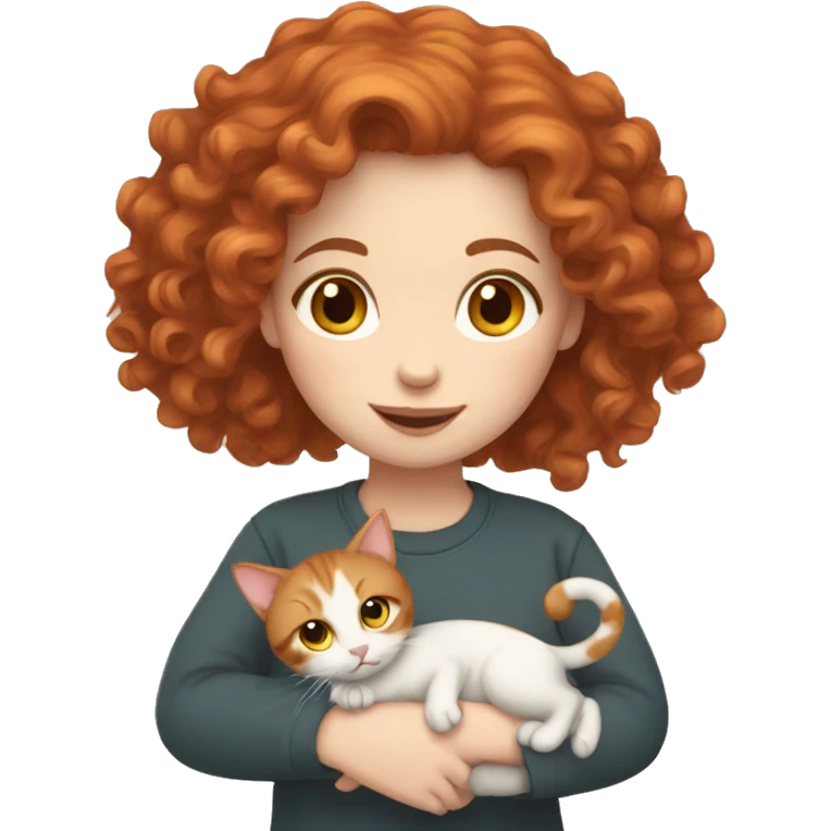 Pale skin Red hair curly girl holding tabby cat emoji