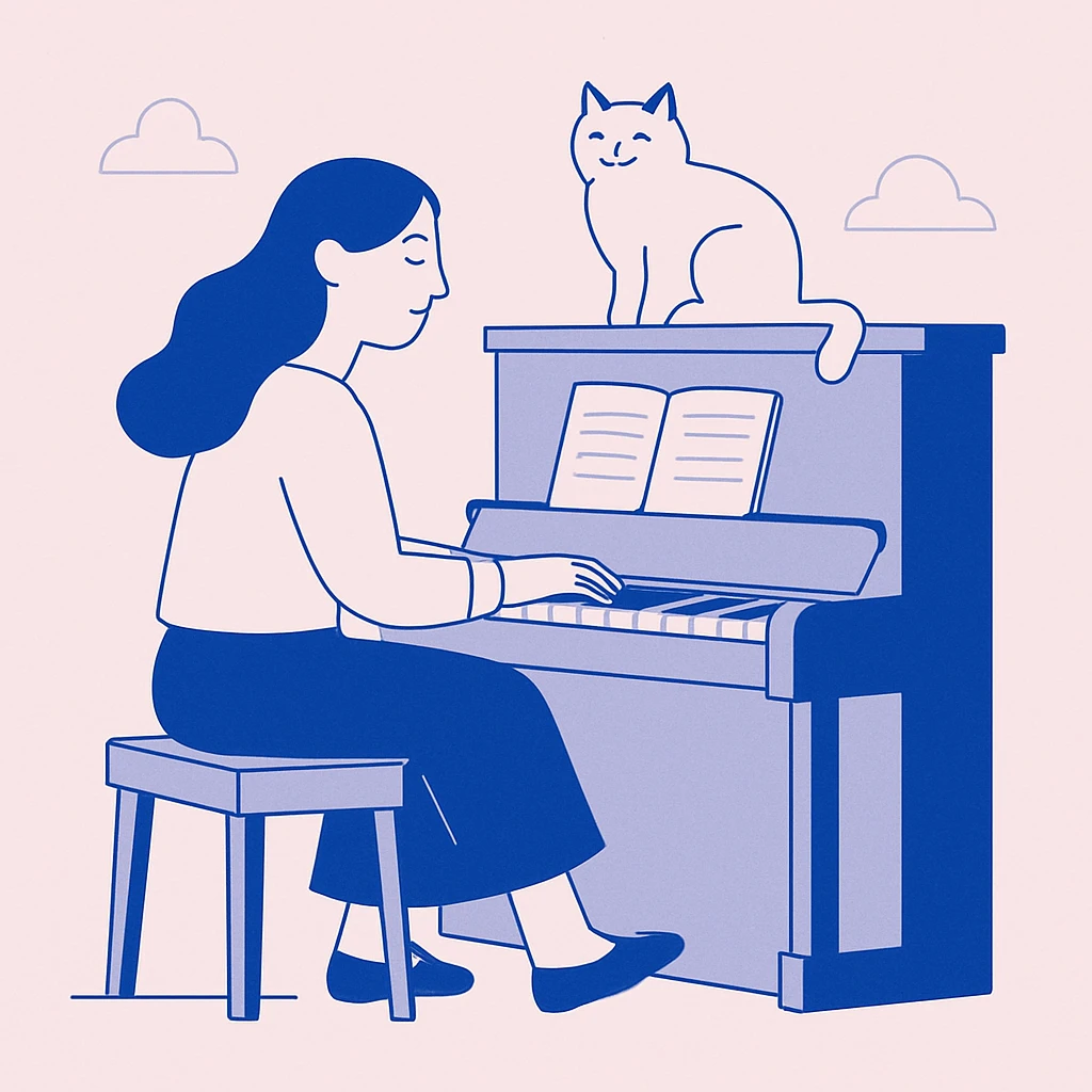 woman playing piano while her cat sits on top of the piano emoji