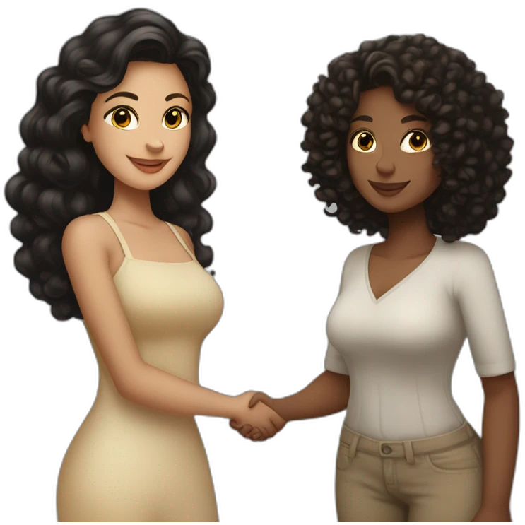tan curvy woman with black curly hair shakes hands with a curvy pale woman who has straight light brown hair emoji