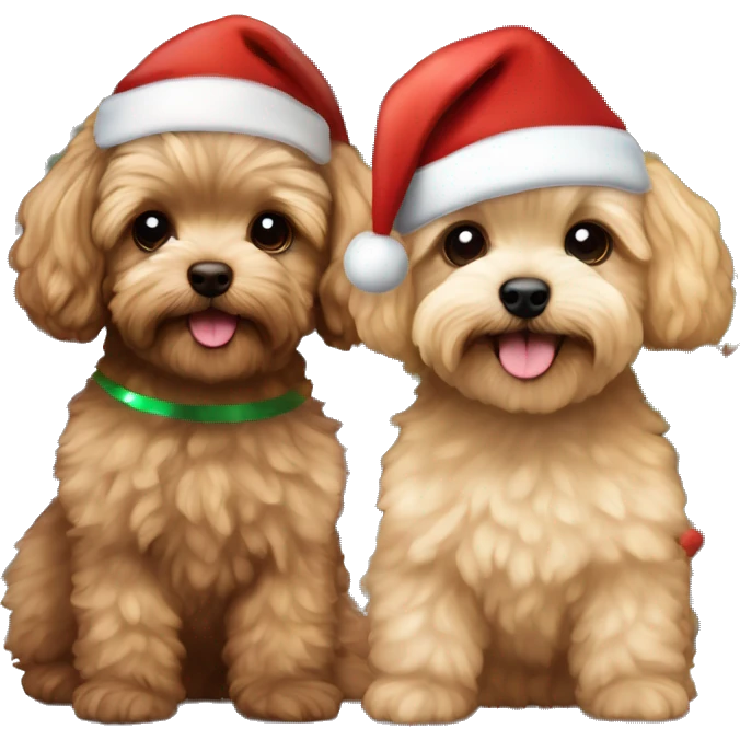 Brown, beige colored Maltipoo with Christmas hat and Christmas tree Christmas lights and a brown haired boy and blond long haired girl human in the background  emoji