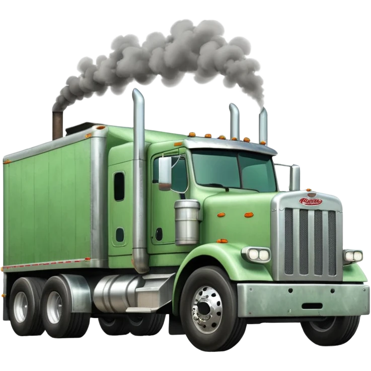 light green Peterbilt truck hauling a trailer, with smoke from exhaust emoji
