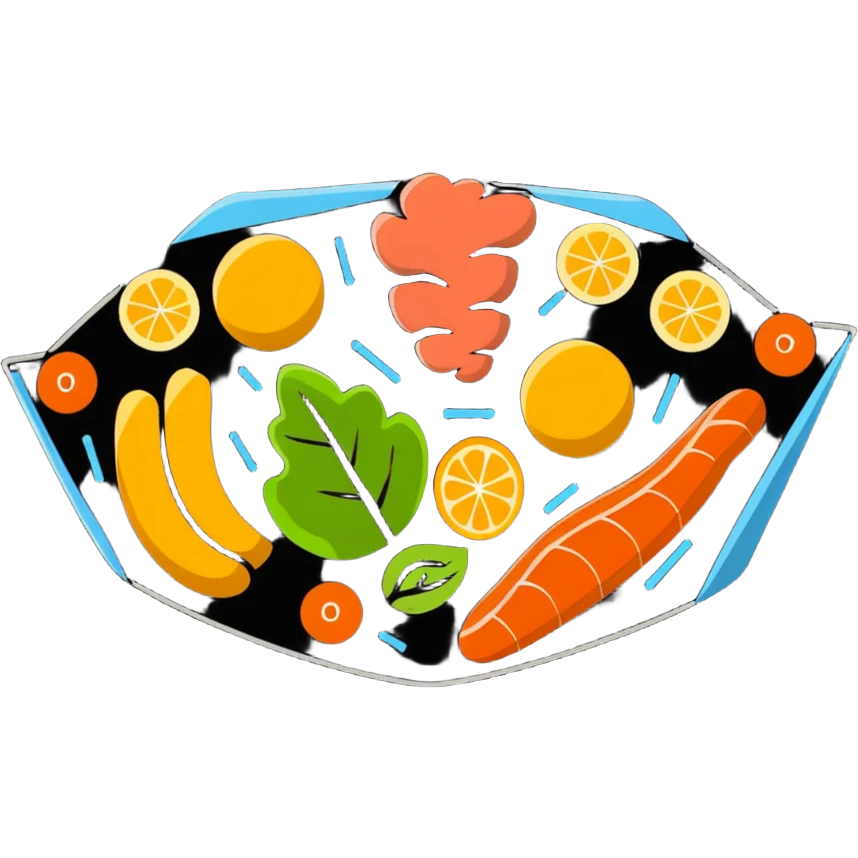Vibrant muscle fibers in the center, with protein foods (meat, egg, beans, tofu, yogurt) connected together in a unified chain or cluster, floating together around the muscle fibers like a connected orbital ring. emoji