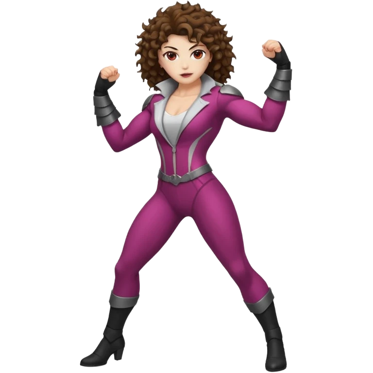 full body woman short curly brown mullet brown eyes white skin muscular build thorn berry rogue suit emoji