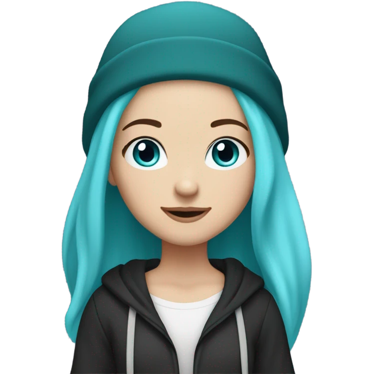 White girl, blue eyes, long teal hair, purple beanie hat, black hoodie emoji