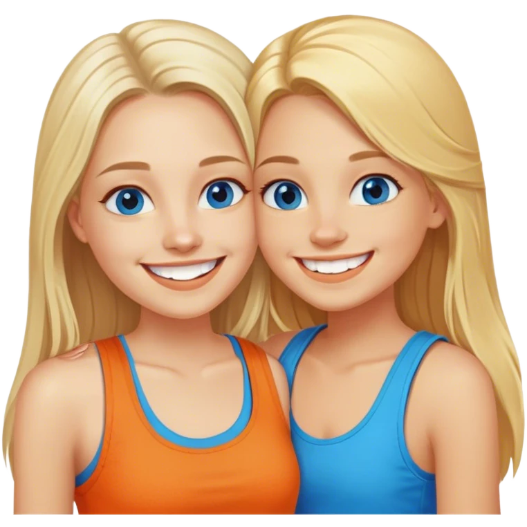 Two girls both have long blonde hair posing cheek to cheek with one girl wearing an orange shirt and the second girl wearing a tank top both have bright white teeth and smiling both have beautiful blue colored eyes emoji