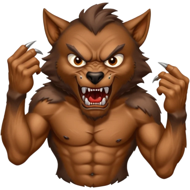 Create an emoji of Werewolf half bodied till waist sharp nails angry face brown emoji