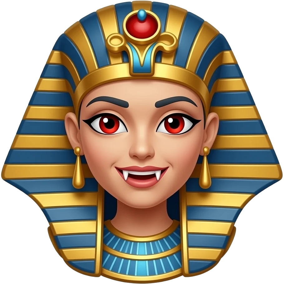 An emoji portrait of a young ancient Egyptian vampire princess. She wears a broad gold collar necklace and a detailed nemes headdress.  big fands and red eyes emoji