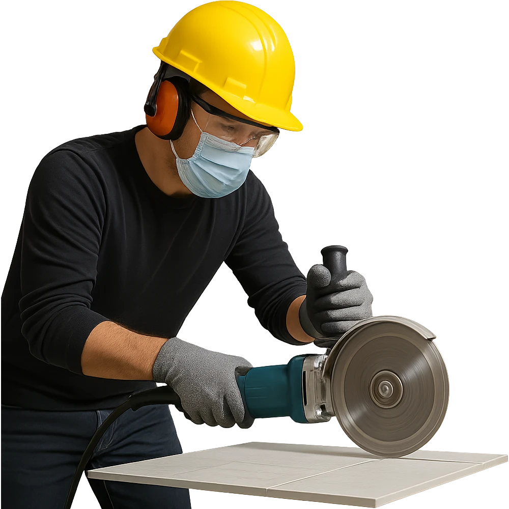 a person using a disc grinder to cut a porcelain tile, clear action, safety gear visible, modern setting, no background emoji