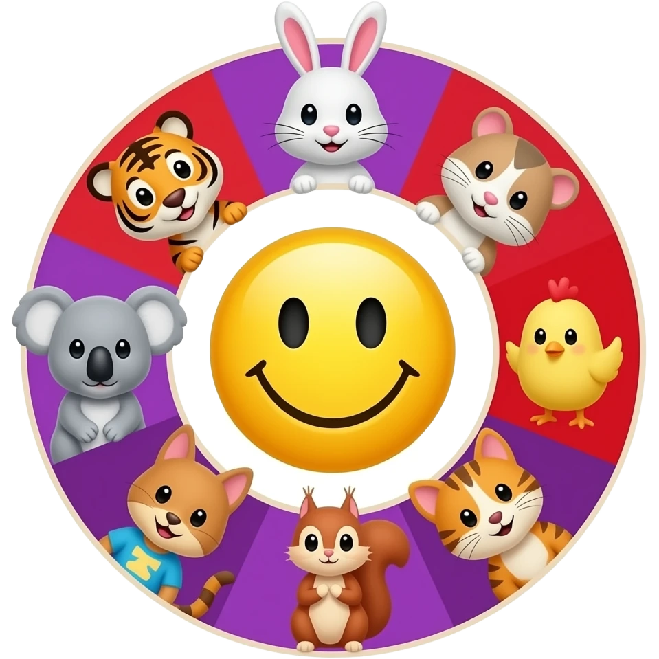 emoji yellow smiley in the center serounded in circle  🐯🐰🐹🐨🐥🐿 🐈 purple, red and white background emoji