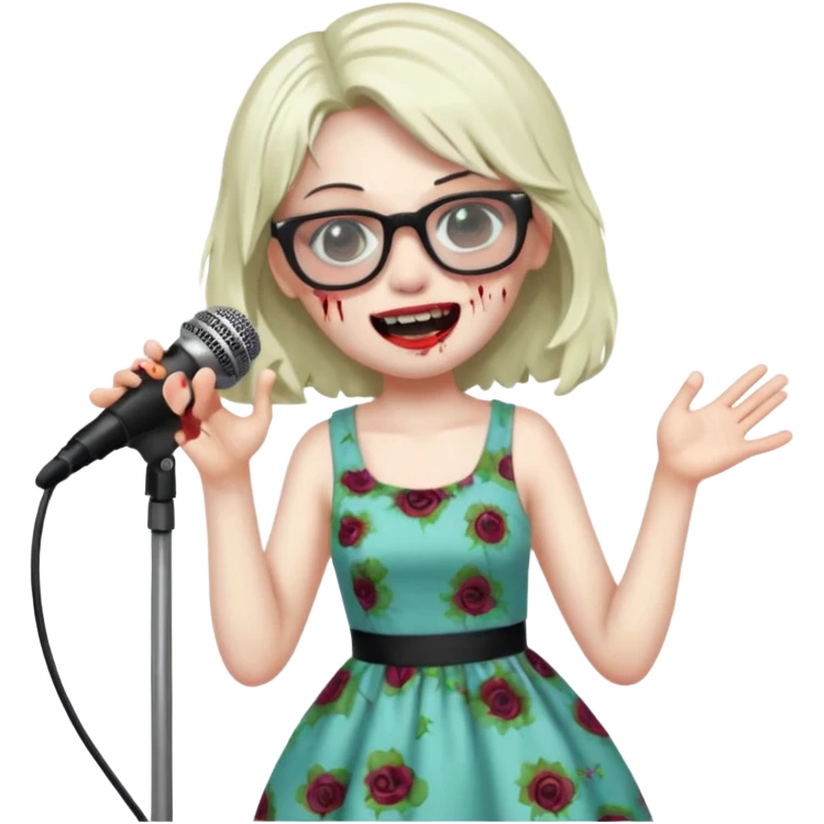singer, Zombie girl, super happy, wearing dress, singing to mic, glasses emoji
