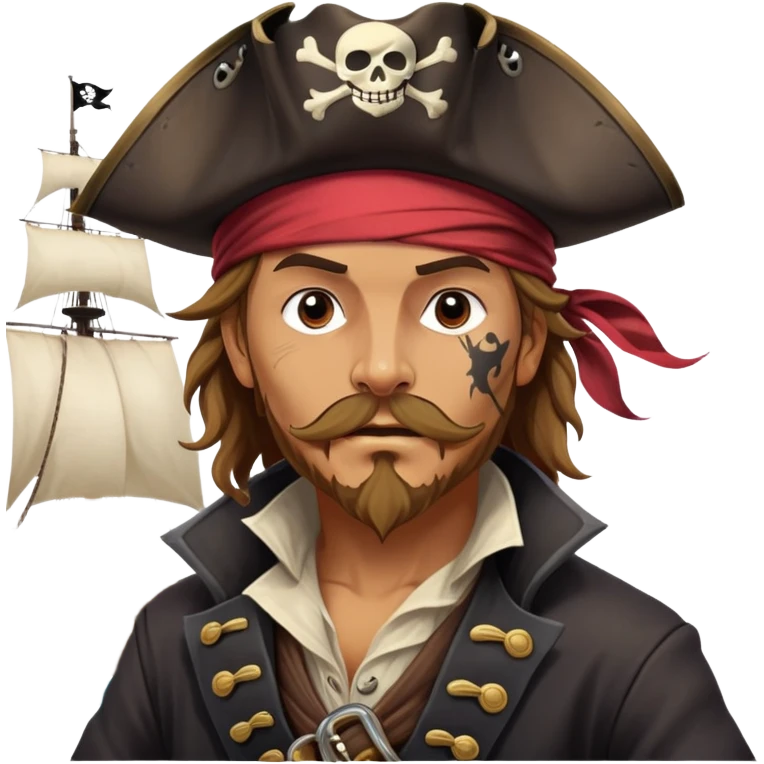 clash-of-clans-aesthetic_-cinematic-focused-pirate-bust-portrait-emoji, head slightly tilted with a determined, roguish expression and bold features, featuring a compact, spirited build with a jaunty hat and quirky bandana on tan skin, at the helm of a grand sailing ship complete with billowing sails and a tattered Jolly Roger flag fluttering dynamically in a tempestuous sea breeze. emoji