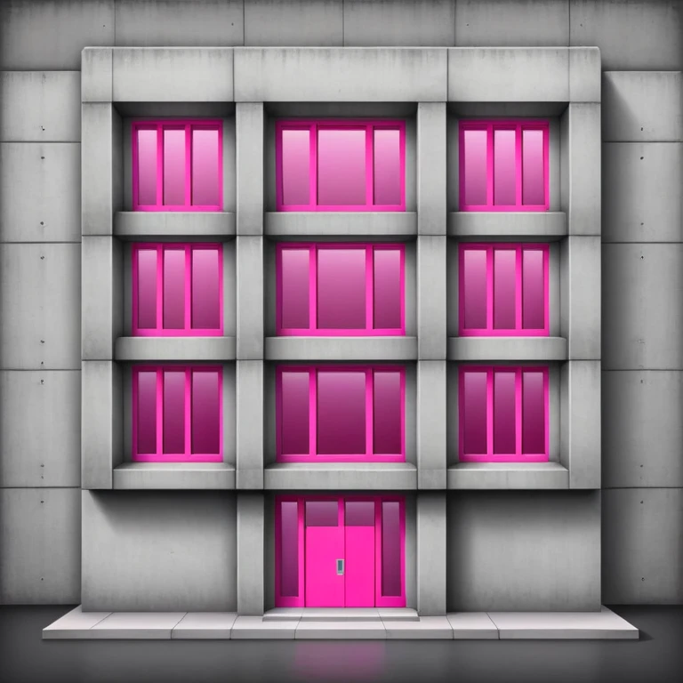 Wide brutalist concrete building with a central bright pink window surrounded by multiple regular windows emoji