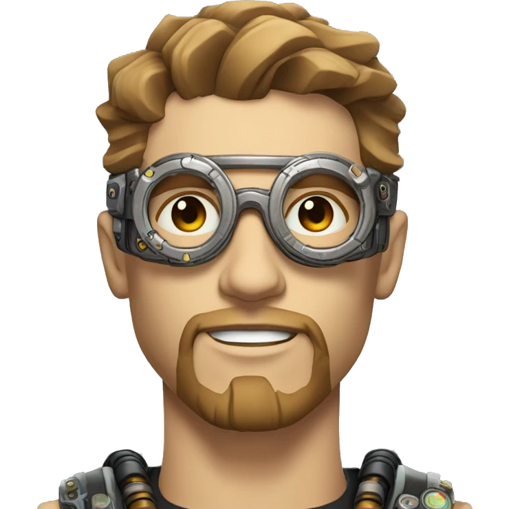 Male cyborg head with light brown hair, light brown beard, steampunk glasses, circuits, wires  emoji