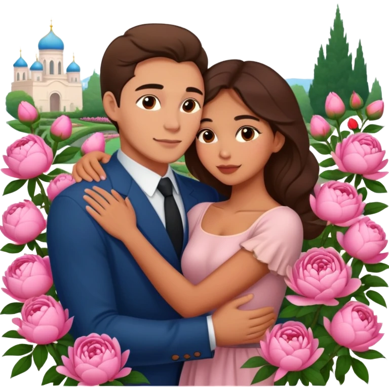 couple hug with warm Latina girl and russian man elegant peonies garden roses  emoji
