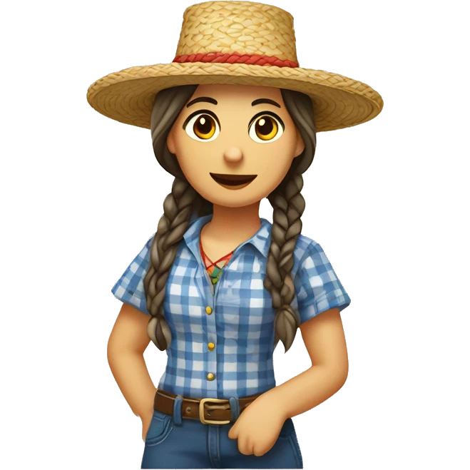 Festa Junina country woman with straw hat, braided hair, checkered clothes, white skin emoji