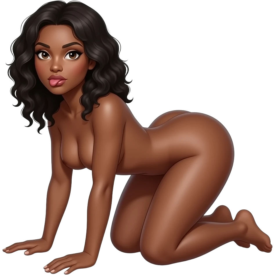 Pelo afroamericano de la mujer, mujer afroamericana de frente, desnuda, mirada sexy de la mujer, se muerde los labios, de rodillas en el suelo, forma de cuatro patas, culo levantado hacia atrás, culo más alto que la cabeza, culo enorme, con los brazos estirados hacia delante, vista frontal emoji
